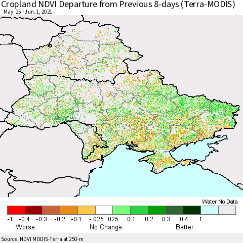 Ukraine, Moldova and Belarus Cropland NDVI Departure from Previous 8-days (Terra-MODIS) Thematic Map For 5/25/2021 - 6/1/2021