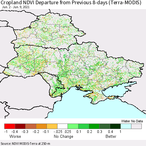 Ukraine, Moldova and Belarus Cropland NDVI Departure from Previous 8-days (Terra-MODIS) Thematic Map For 6/2/2021 - 6/9/2021