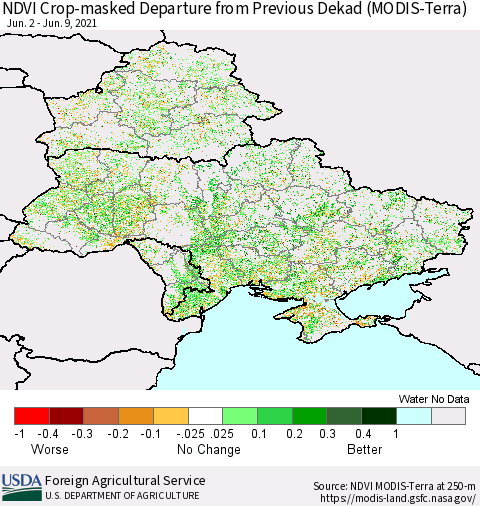 Ukraine, Moldova and Belarus Cropland NDVI Departure from Previous Dekad (Terra-MODIS) Thematic Map For 6/1/2021 - 6/10/2021
