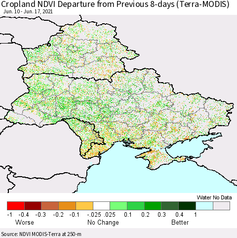 Ukraine, Moldova and Belarus Cropland NDVI Departure from Previous 8-days (Terra-MODIS) Thematic Map For 6/10/2021 - 6/17/2021