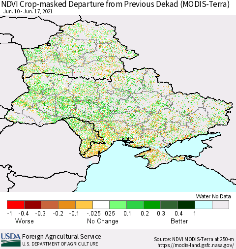 Ukraine, Moldova and Belarus Cropland NDVI Departure from Previous Dekad (Terra-MODIS) Thematic Map For 6/11/2021 - 6/20/2021