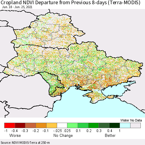 Ukraine, Moldova and Belarus Cropland NDVI Departure from Previous 8-days (Terra-MODIS) Thematic Map For 6/18/2021 - 6/25/2021