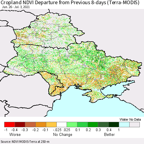 Ukraine, Moldova and Belarus Cropland NDVI Departure from Previous 8-days (Terra-MODIS) Thematic Map For 6/26/2021 - 7/3/2021
