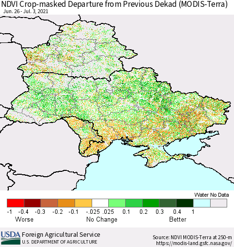 Ukraine, Moldova and Belarus Cropland NDVI Departure from Previous Dekad (Terra-MODIS) Thematic Map For 7/1/2021 - 7/10/2021
