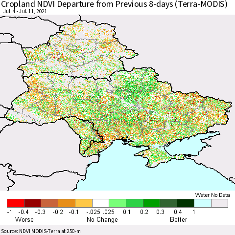 Ukraine, Moldova and Belarus Cropland NDVI Departure from Previous 8-days (Terra-MODIS) Thematic Map For 7/4/2021 - 7/11/2021