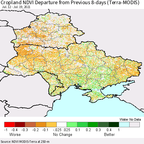 Ukraine, Moldova and Belarus Cropland NDVI Departure from Previous 8-days (Terra-MODIS) Thematic Map For 7/12/2021 - 7/19/2021