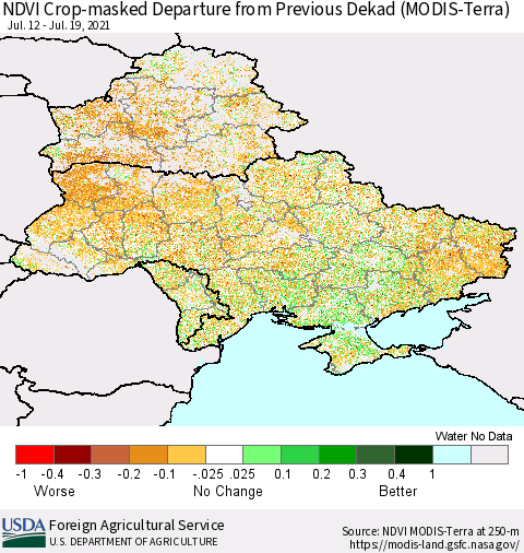 Ukraine, Moldova and Belarus Cropland NDVI Departure from Previous Dekad (Terra-MODIS) Thematic Map For 7/11/2021 - 7/20/2021
