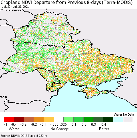 Ukraine, Moldova and Belarus Cropland NDVI Departure from Previous 8-days (Terra-MODIS) Thematic Map For 7/20/2021 - 7/27/2021