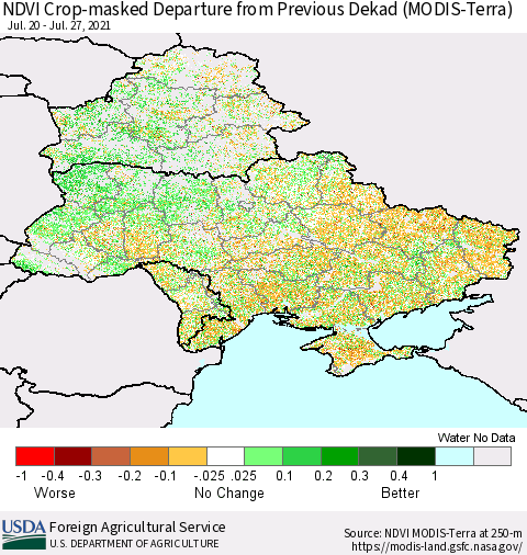 Ukraine, Moldova and Belarus Cropland NDVI Departure from Previous Dekad (Terra-MODIS) Thematic Map For 7/21/2021 - 7/31/2021