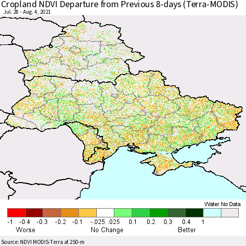 Ukraine, Moldova and Belarus Cropland NDVI Departure from Previous 8-days (Terra-MODIS) Thematic Map For 7/28/2021 - 8/4/2021