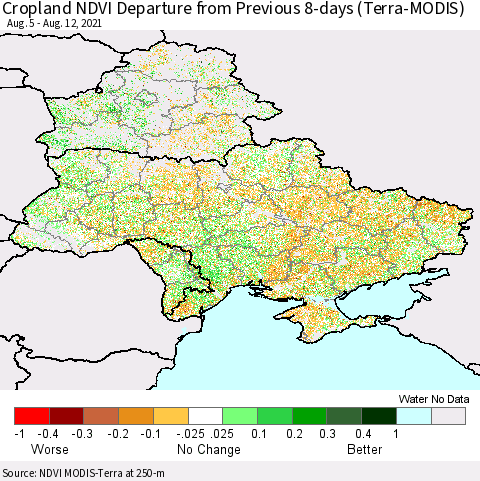 Ukraine, Moldova and Belarus Cropland NDVI Departure from Previous 8-days (Terra-MODIS) Thematic Map For 8/5/2021 - 8/12/2021