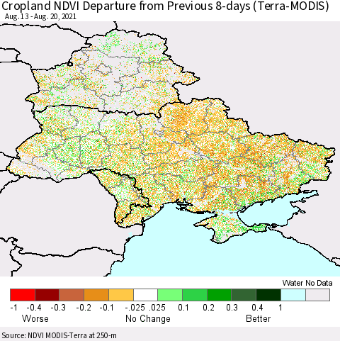 Ukraine, Moldova and Belarus Cropland NDVI Departure from Previous Dekad (Terra-MODIS) Thematic Map For 8/11/2021 - 8/20/2021