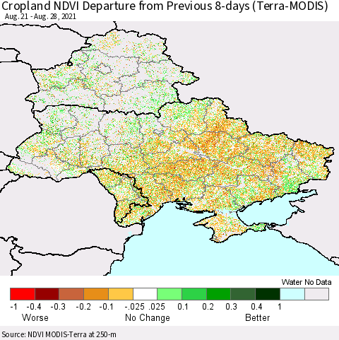 Ukraine, Moldova and Belarus Cropland NDVI Departure from Previous 8-days (Terra-MODIS) Thematic Map For 8/21/2021 - 8/28/2021