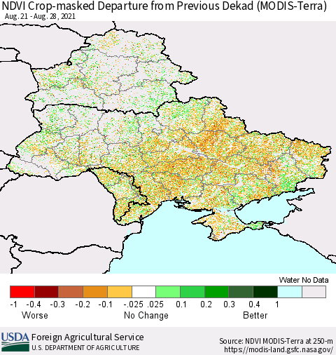 Ukraine, Moldova and Belarus Cropland NDVI Departure from Previous Dekad (Terra-MODIS) Thematic Map For 8/21/2021 - 8/31/2021
