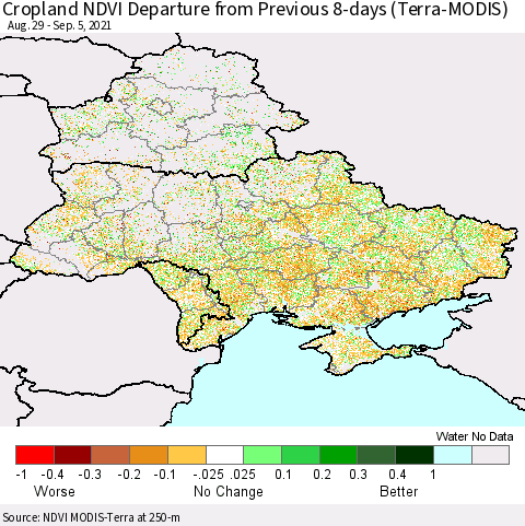 Ukraine, Moldova and Belarus Cropland NDVI Departure from Previous 8-days (Terra-MODIS) Thematic Map For 8/29/2021 - 9/5/2021