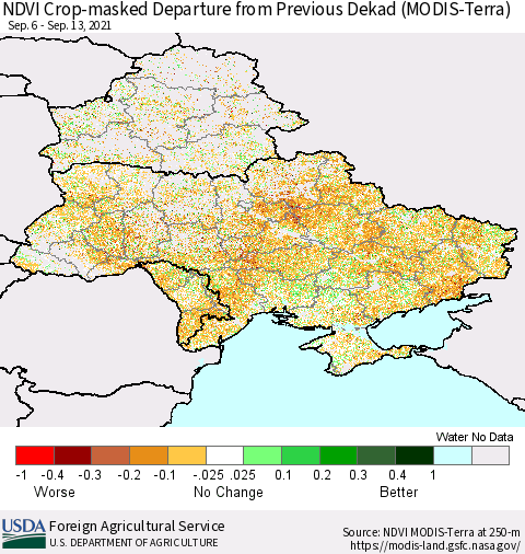 Ukraine, Moldova and Belarus Cropland NDVI Departure from Previous Dekad (Terra-MODIS) Thematic Map For 9/11/2021 - 9/20/2021