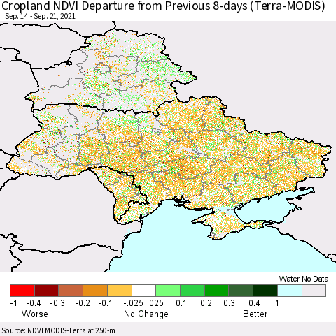 Ukraine, Moldova and Belarus Cropland NDVI Departure from Previous 8-days (Terra-MODIS) Thematic Map For 9/14/2021 - 9/21/2021