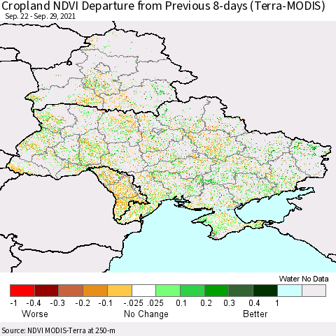 Ukraine, Moldova and Belarus Cropland NDVI Departure from Previous 8-days (Terra-MODIS) Thematic Map For 9/22/2021 - 9/29/2021