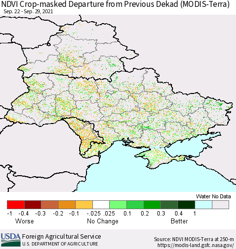 Ukraine, Moldova and Belarus Cropland NDVI Departure from Previous Dekad (Terra-MODIS) Thematic Map For 9/21/2021 - 9/30/2021