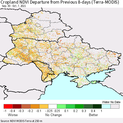 Ukraine, Moldova and Belarus Cropland NDVI Departure from Previous 8-days (Terra-MODIS) Thematic Map For 9/30/2021 - 10/7/2021