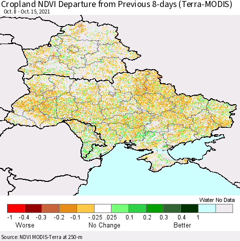Ukraine, Moldova and Belarus Cropland NDVI Departure from Previous 8-days (Terra-MODIS) Thematic Map For 10/8/2021 - 10/15/2021