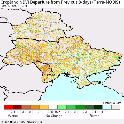 Ukraine, Moldova and Belarus Cropland NDVI Departure from Previous 8-days (Terra-MODIS) Thematic Map For 10/16/2021 - 10/23/2021