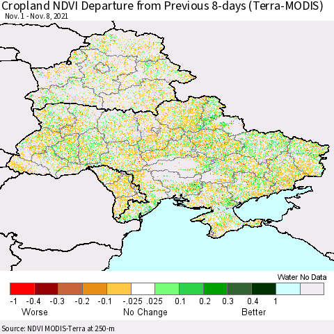 Ukraine, Moldova and Belarus Cropland NDVI Departure from Previous 8-days (Terra-MODIS) Thematic Map For 11/1/2021 - 11/8/2021