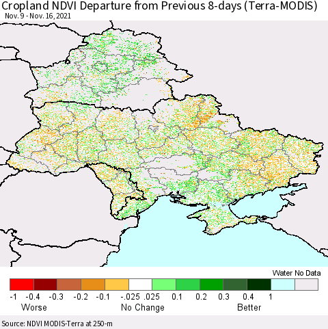 Ukraine, Moldova and Belarus Cropland NDVI Departure from Previous 8-days (Terra-MODIS) Thematic Map For 11/9/2021 - 11/16/2021
