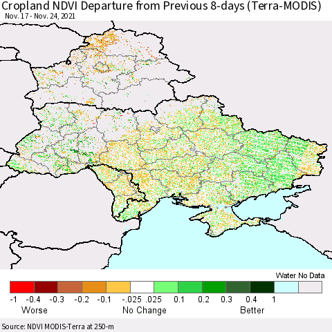 Ukraine, Moldova and Belarus Cropland NDVI Departure from Previous 8-days (Terra-MODIS) Thematic Map For 11/17/2021 - 11/24/2021