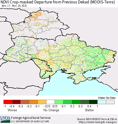 Ukraine, Moldova and Belarus Cropland NDVI Departure from Previous Dekad (Terra-MODIS) Thematic Map For 11/21/2021 - 11/30/2021
