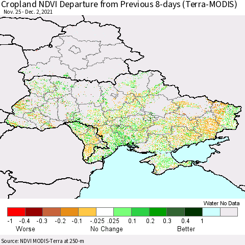 Ukraine, Moldova and Belarus Cropland NDVI Departure from Previous 8-days (Terra-MODIS) Thematic Map For 11/25/2021 - 12/2/2021