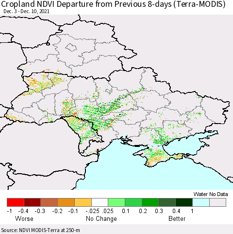 Ukraine, Moldova and Belarus Cropland NDVI Departure from Previous Dekad (Terra-MODIS) Thematic Map For 12/1/2021 - 12/10/2021