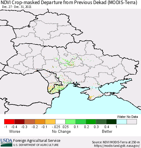 Ukraine, Moldova and Belarus Cropland NDVI Departure from Previous Dekad (Terra-MODIS) Thematic Map For 12/21/2021 - 12/31/2021