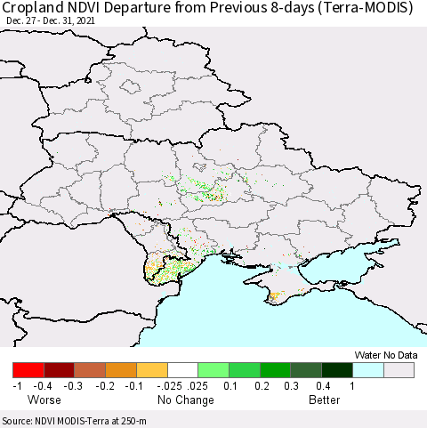 Ukraine, Moldova and Belarus Cropland NDVI Departure from Previous 8-days (Terra-MODIS) Thematic Map For 12/26/2021 - 1/2/2022