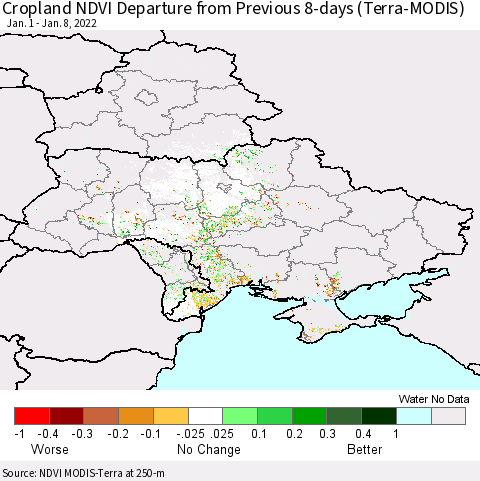 Ukraine, Moldova and Belarus Cropland NDVI Departure from Previous 8-days (Terra-MODIS) Thematic Map For 1/1/2022 - 1/8/2022
