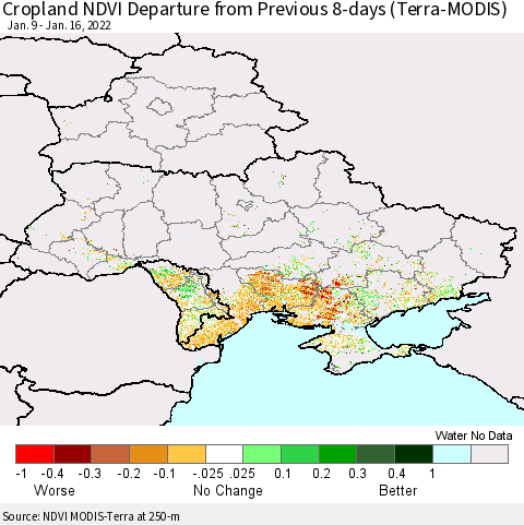 Ukraine, Moldova and Belarus Cropland NDVI Departure from Previous 8-days (Terra-MODIS) Thematic Map For 1/9/2022 - 1/16/2022