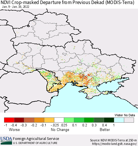 Ukraine, Moldova and Belarus Cropland NDVI Departure from Previous Dekad (Terra-MODIS) Thematic Map For 1/11/2022 - 1/20/2022