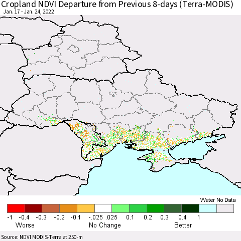 Ukraine, Moldova and Belarus Cropland NDVI Departure from Previous 8-days (Terra-MODIS) Thematic Map For 1/17/2022 - 1/24/2022