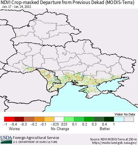 Ukraine, Moldova and Belarus Cropland NDVI Departure from Previous Dekad (Terra-MODIS) Thematic Map For 1/21/2022 - 1/31/2022