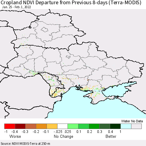 Ukraine, Moldova and Belarus Cropland NDVI Departure from Previous 8-days (Terra-MODIS) Thematic Map For 1/25/2022 - 2/1/2022