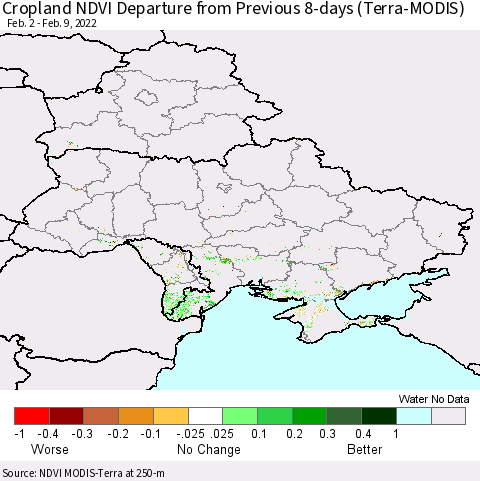 Ukraine, Moldova and Belarus Cropland NDVI Departure from Previous 8-days (Terra-MODIS) Thematic Map For 2/2/2022 - 2/9/2022