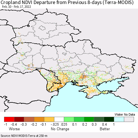 Ukraine, Moldova and Belarus Cropland NDVI Departure from Previous 8-days (Terra-MODIS) Thematic Map For 2/10/2022 - 2/17/2022