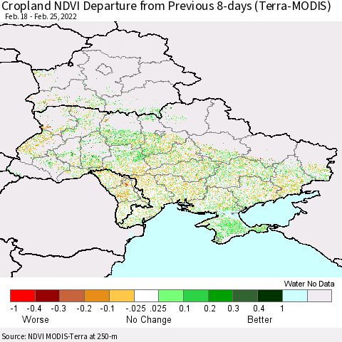 Ukraine, Moldova and Belarus Cropland NDVI Departure from Previous 8-days (Terra-MODIS) Thematic Map For 2/18/2022 - 2/25/2022