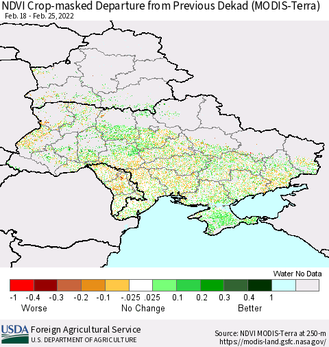 Ukraine, Moldova and Belarus Cropland NDVI Departure from Previous Dekad (Terra-MODIS) Thematic Map For 2/21/2022 - 2/28/2022
