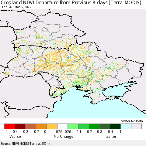 Ukraine, Moldova and Belarus Cropland NDVI Departure from Previous 8-days (Terra-MODIS) Thematic Map For 2/26/2022 - 3/5/2022