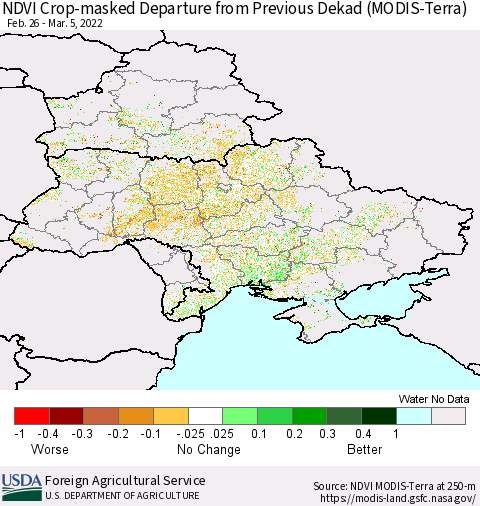 Ukraine, Moldova and Belarus Cropland NDVI Departure from Previous Dekad (Terra-MODIS) Thematic Map For 3/1/2022 - 3/10/2022