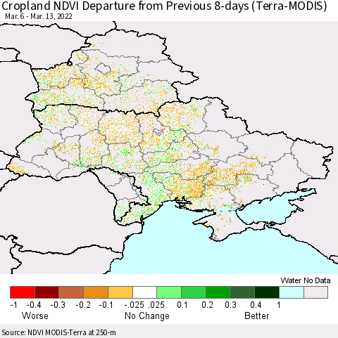 Ukraine, Moldova and Belarus Cropland NDVI Departure from Previous 8-days (Terra-MODIS) Thematic Map For 3/6/2022 - 3/13/2022