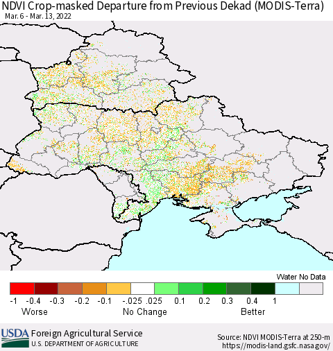Ukraine, Moldova and Belarus Cropland NDVI Departure from Previous Dekad (Terra-MODIS) Thematic Map For 3/11/2022 - 3/20/2022
