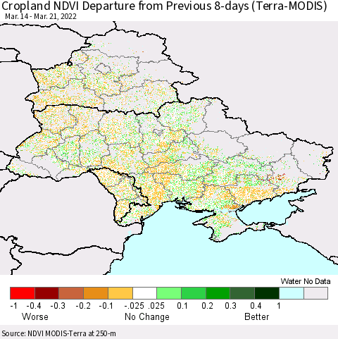 Ukraine, Moldova and Belarus Cropland NDVI Departure from Previous 8-days (Terra-MODIS) Thematic Map For 3/14/2022 - 3/21/2022