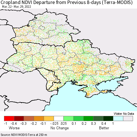 Ukraine, Moldova and Belarus Cropland NDVI Departure from Previous 8-days (Terra-MODIS) Thematic Map For 3/22/2022 - 3/29/2022
